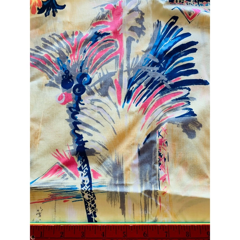 Cranston Tropical Fabric 1 Yd + 17" x 56" Pale Yellow Pink Blue Palms Volcano